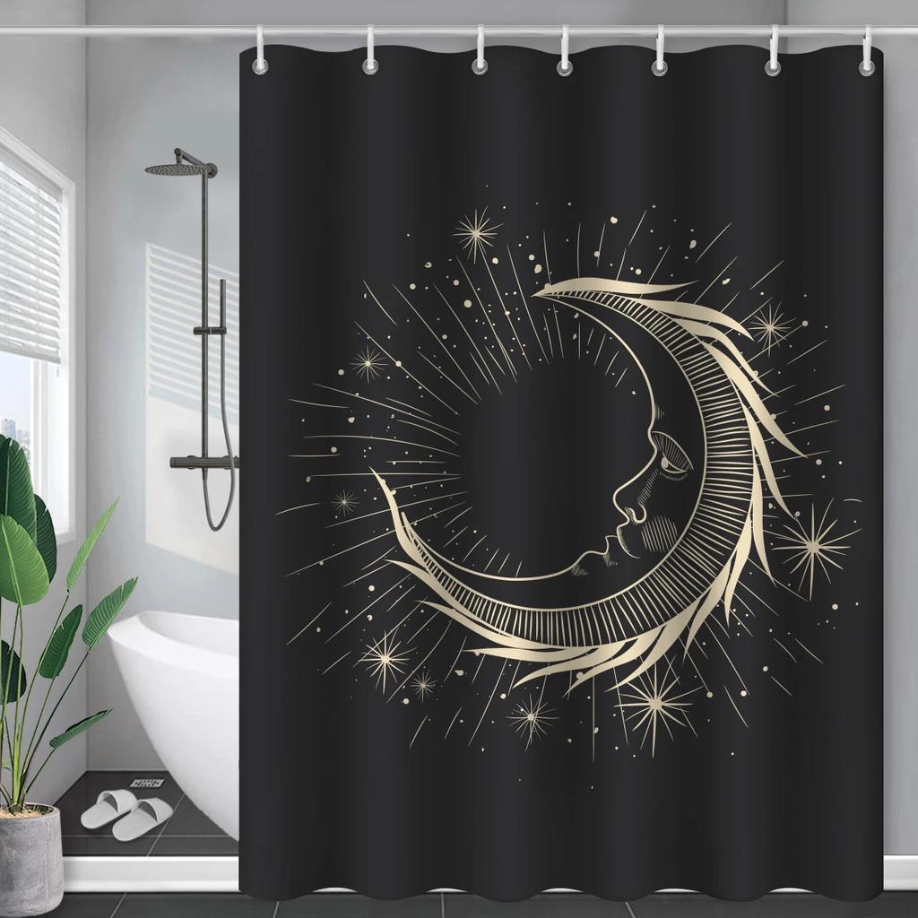 Black Mysticism Shower Curtain Liner Sun and Moon Modern Waterproof Bathroom Curtains Accessories with 12 Hooks Bathtub Curtain