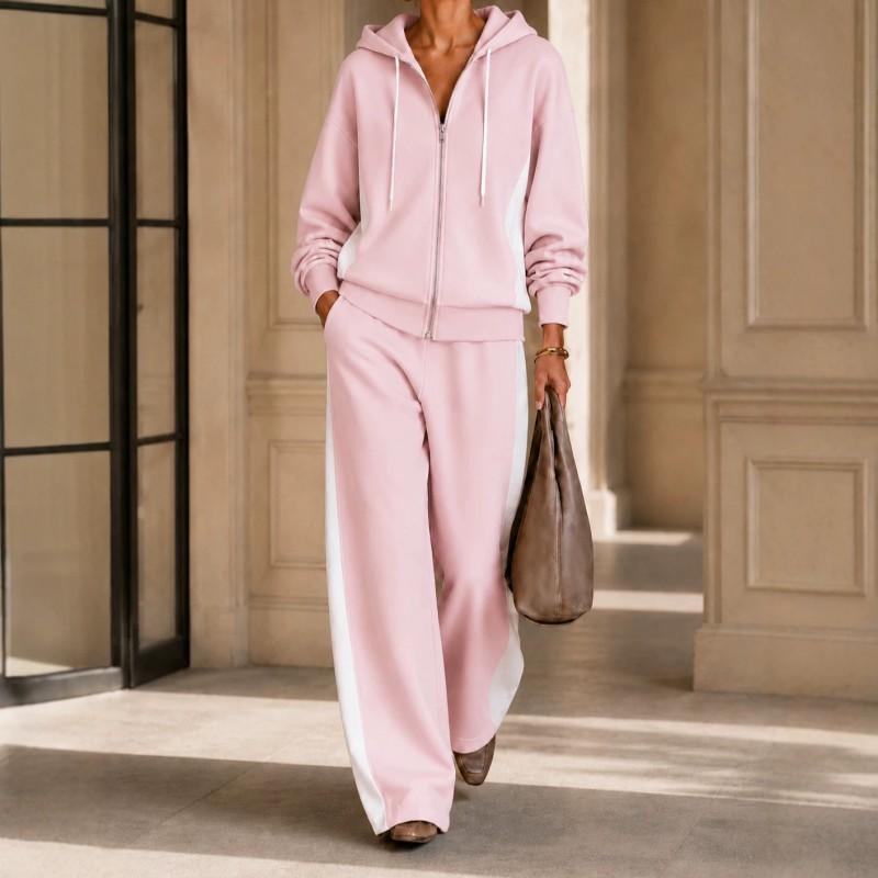 Damen 2-teiliges Freizeit-Set Winter 2026: Color-Block Kapuzen-Reißverschluss-Sweatshirt Weit geschnittene Hose