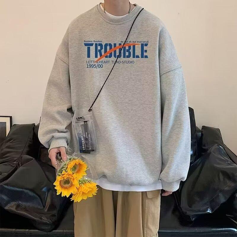 Men's Printed Hoodie Round Neck Hooded Sweatshirt Trendy Brand Casual Hoodies Loose Long Sleeved Pullover Base Shirt