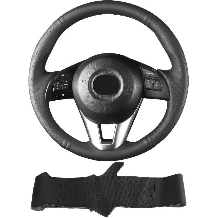 

Hand Sewn Microfiber Leather Steering Wheel Cover on Wrap,Fit for Mazda 3 2014-2016 Mazda 6 2014-2016 Mazda 2 2015-2017 CX-3 2016-2017 CX-5 2013-2016 Original car with leather