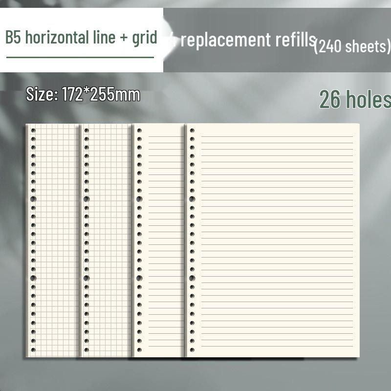 B5 Loose-Leaf Notebook Refill with 26-Hole and A5 Detachable Loose-Leaf Paper, 20-Hole Horizontal Line Grid for Exam Prep.