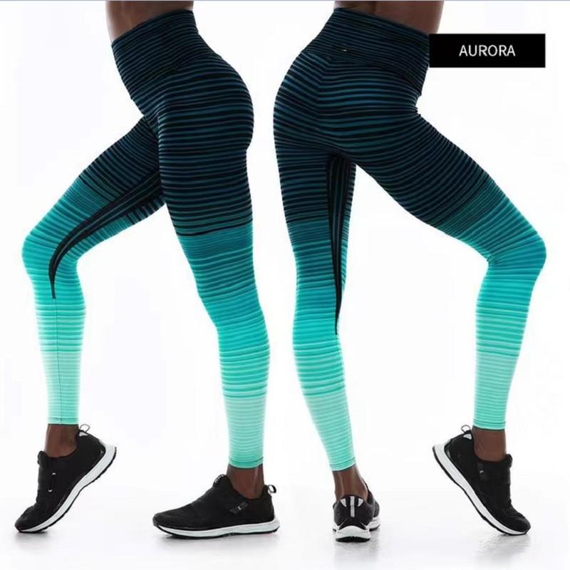 Women Striped Gradient Dance Leggings Quick Dry Slim Fit Yoga Running Sport Pants