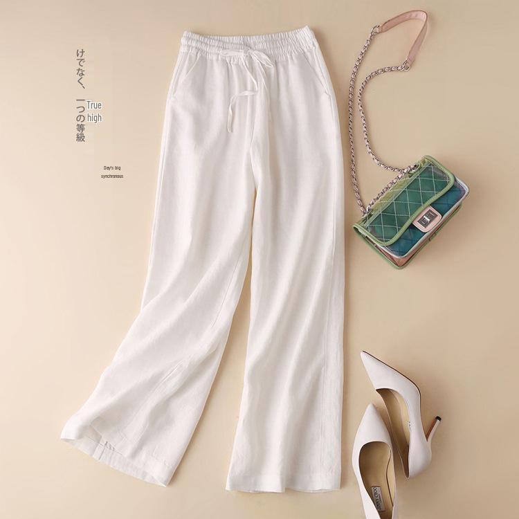 Women's Cotton Linen Elastic Waist Wide Leg Pants - Plus Size, Casual, Draping Straight Leg, Spring/Summer