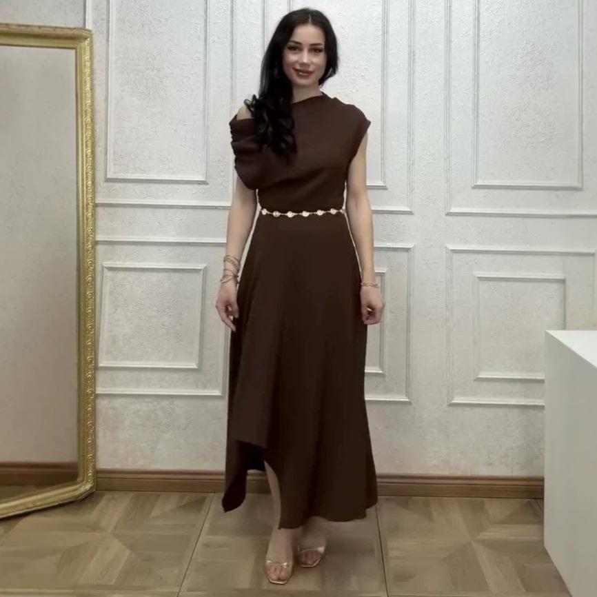 2026 spring and summer new  American Amazon, women s dress waist belt irregular pendulum dress XS темно-коричневого