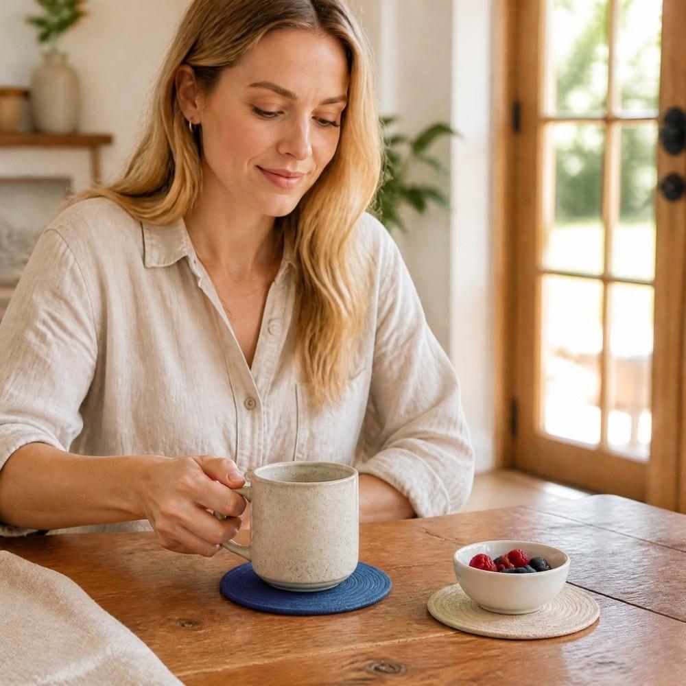 6Pcs White Woven Coasters Round Diatomite Coasters Tabletop Decor Round Coasters Kitchen