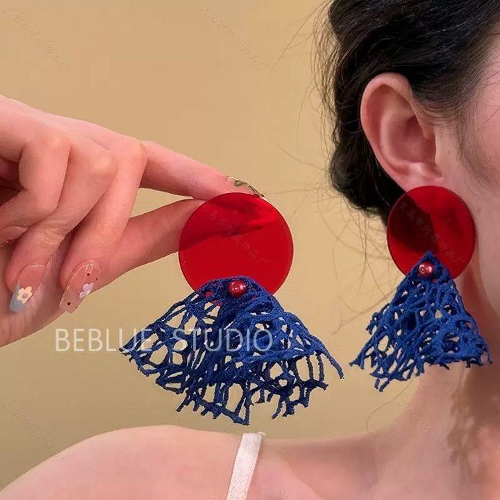

Silver needle summer red blue fringed earrings seaside vacation style photo earrings fashionable light luxury design earrings women