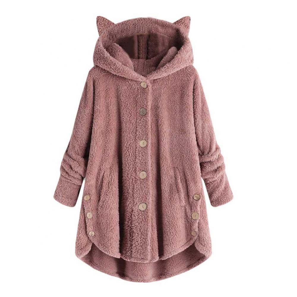 Fleece Women Winter Coat Cute Cats Ears Hooded Spring Fluffy Jacket Irregular Hem Buttons Jacket Oversize Soft Kawaii Plush Coat