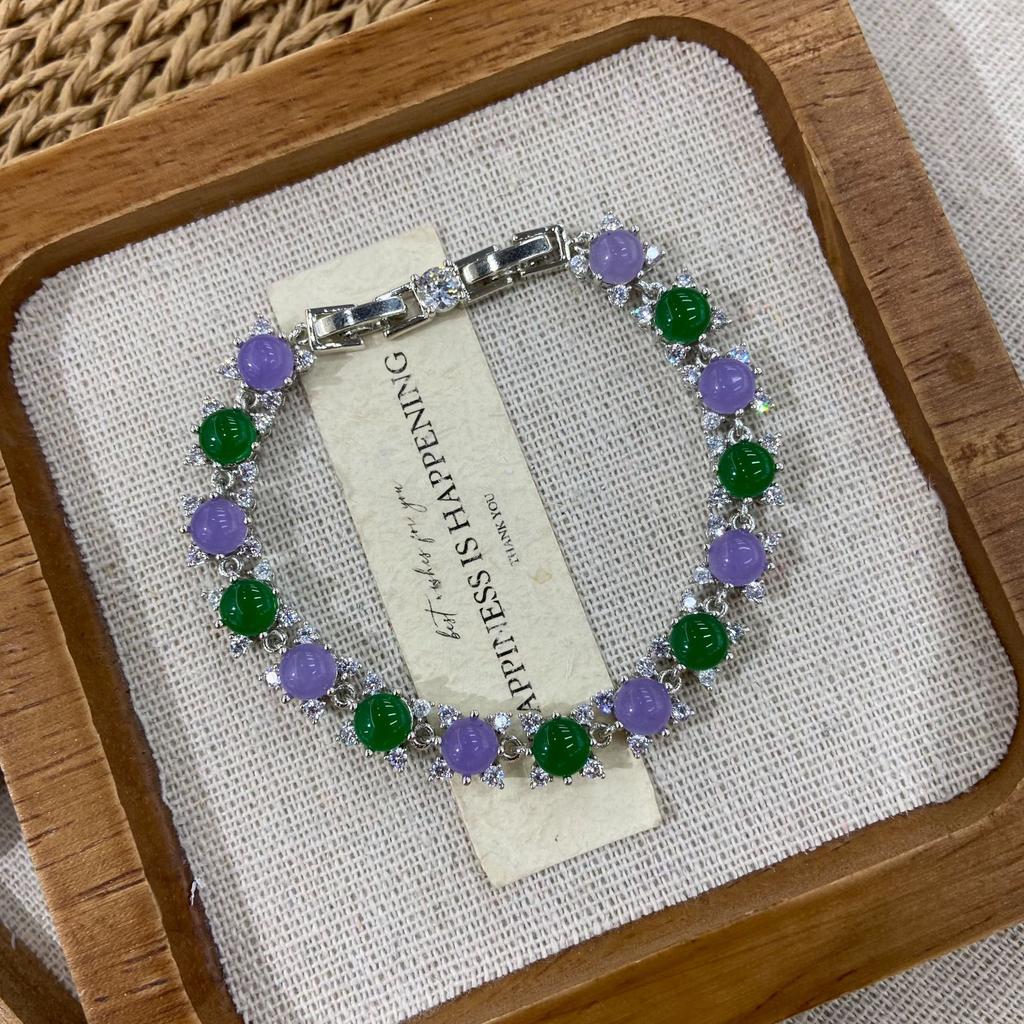 Jewelry Copper Bottom Platinum Plated Purple Green Chalcedony Plain Surface Full Diamond Inlaid Bracelet Light Luxury High-End Jewelry Women