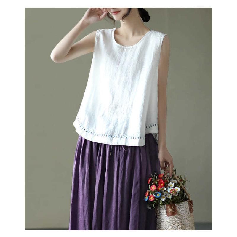 Solid Color Cotton and Linen Embroidered Vest T-shirt Women's Summer Loose Casual Sleeveless Top