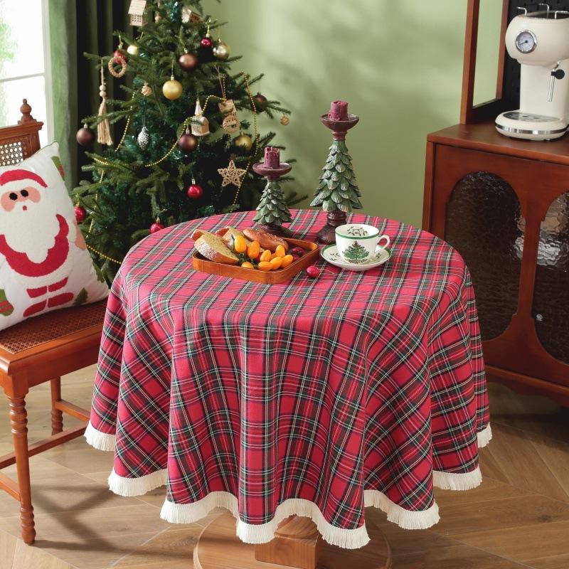 

Christmas Round Tablecloth, Buffalo Check Tablecloth with Tassels Wrinkle Resistant Table Cover for Dining Party Xmas Decor Diameter 90cm