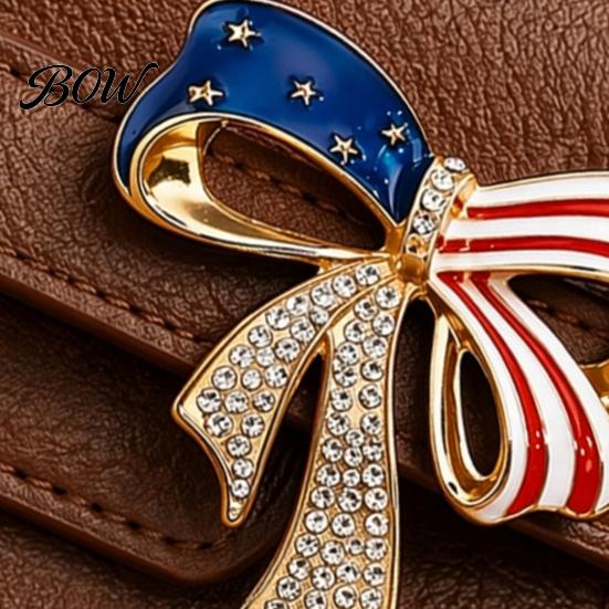 Electroplated Bow Pin Independence Day Brooch Pin, Patriotic Rhinestone Lapel Sweater Long-lasting Alloy Cardigan Coat Suit Jewelry