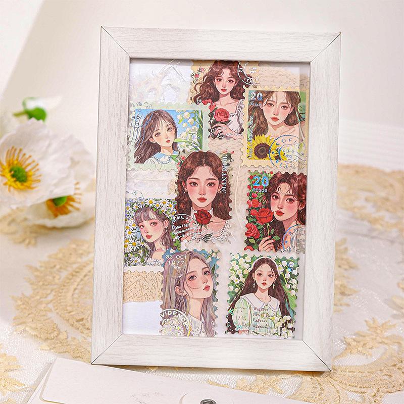 Sweet Cartoon Girl Stamp Style Decor Stickers, 20pcs, Girlish Heart Journal Diary DIY Material, Student Stationery
