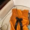Women's Pink Bow V-neck Knit Vest, Summer Style Pleated Camisole, Super Stylish Sleeveless Top