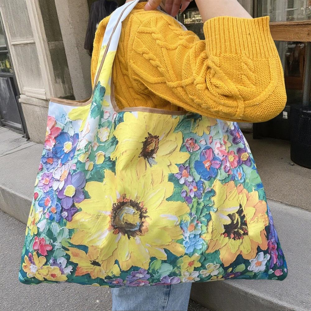 Large Foldable Shopping Bag Fashion Oil Painting Reusable Grocery Storage Bag Oxford Portable Shoulder Handbag Tote Bag