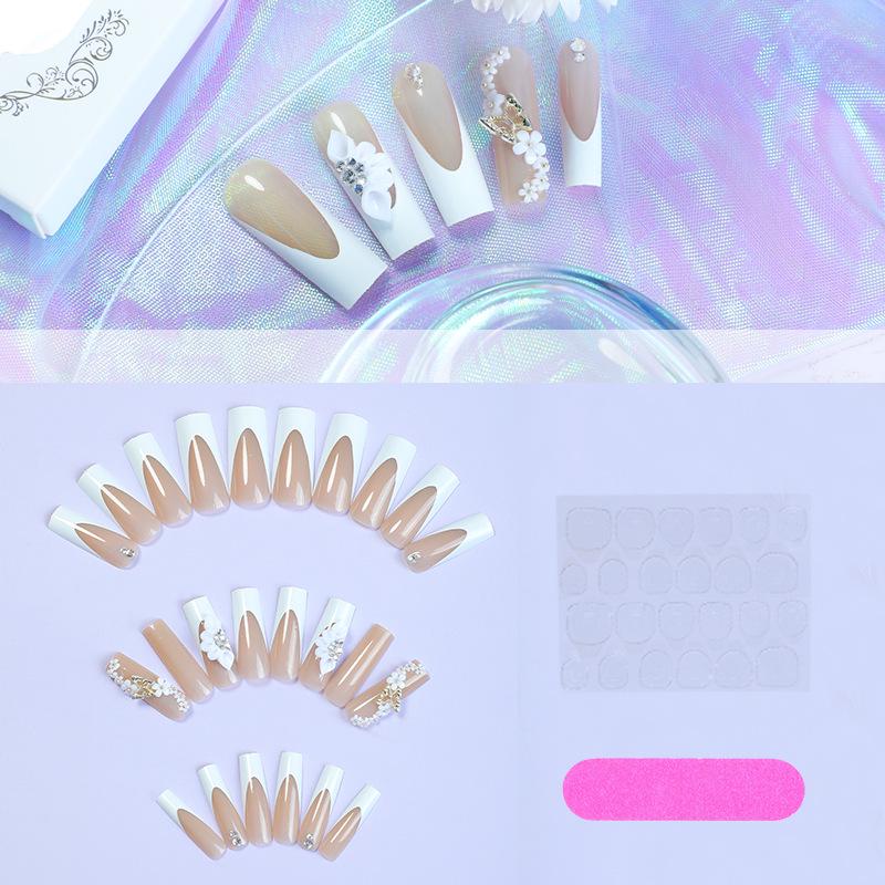 

Handmade 3D White French Tip Long Nails with Flowers - European & American Style