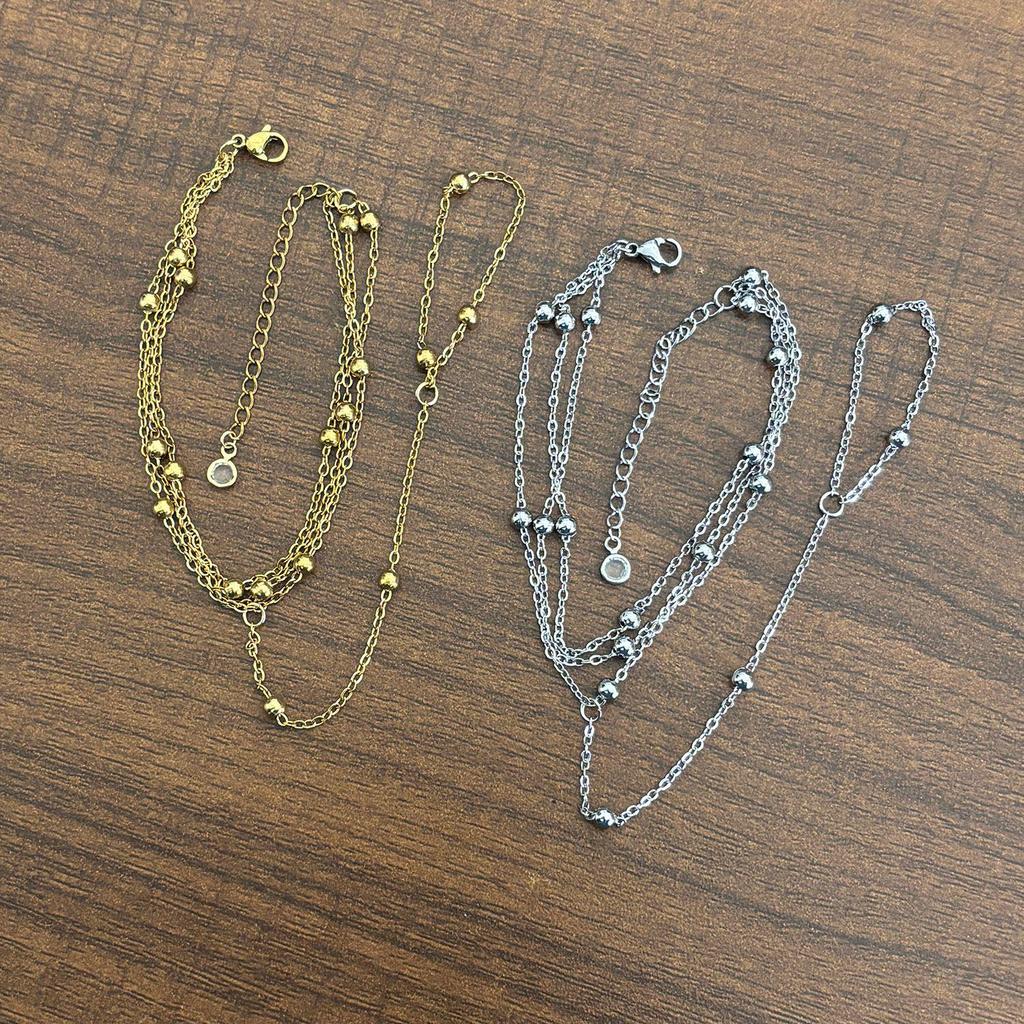 18K Gold Plated Stainless Steel Three-Layer Cross Ball Chain Finger Bracelet with Ring, Non-Fading.