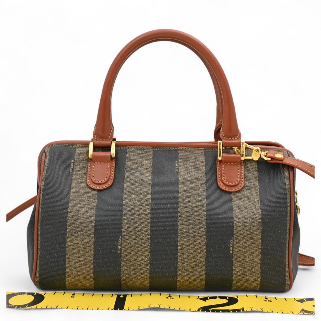 Auth FENDI Pecan Stripe Boston Bag 2Way Brown PVC Canvas Women’s Fe8833ss
