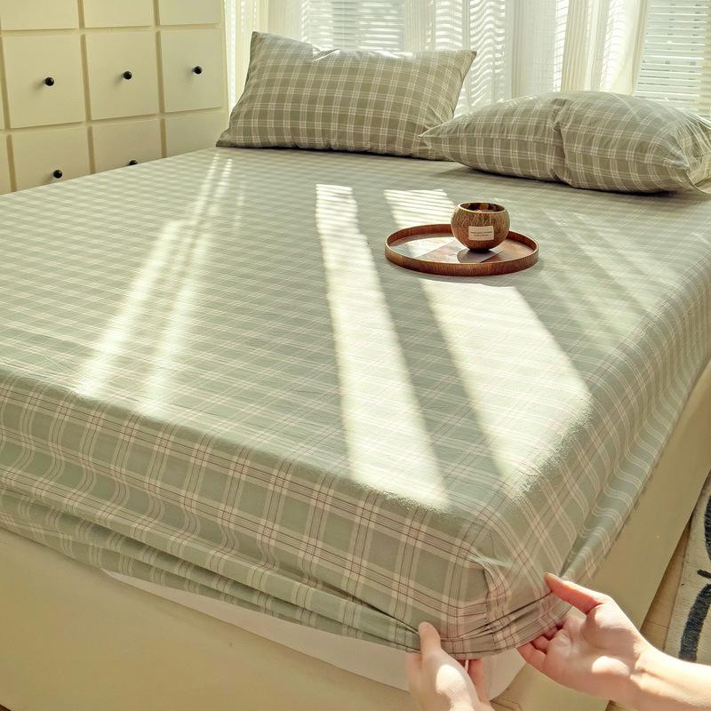 Modern Design Light Green Linellae Pattern Printed Fabric Bed Sheets Cotton Breathable Mattress Cover Colorful Fitted Sheet with Pillowcase