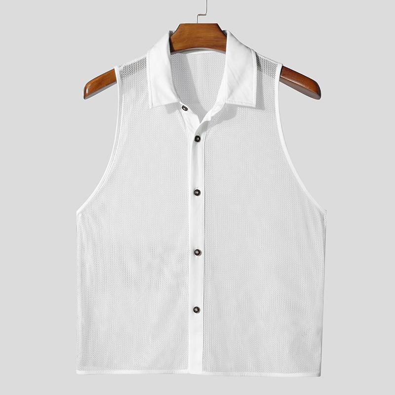 INCERUN Summer Men Lapel Sleeveless Mesh See Through Party Cropped Tank Tops