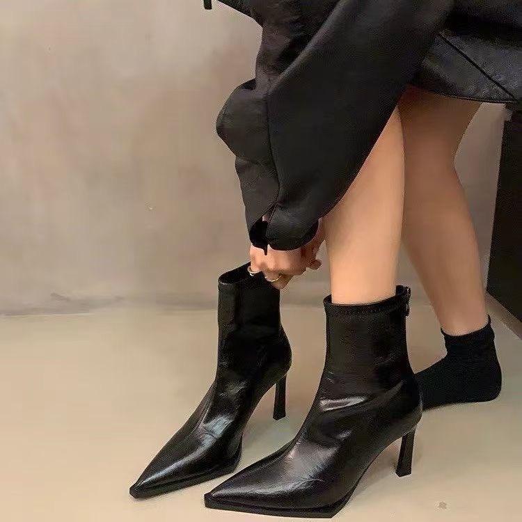 Feeling Retro Black Thin Heel Mid Boots Pointed Women's Shoes Thin Boots Winter Short Boots Women's Senior