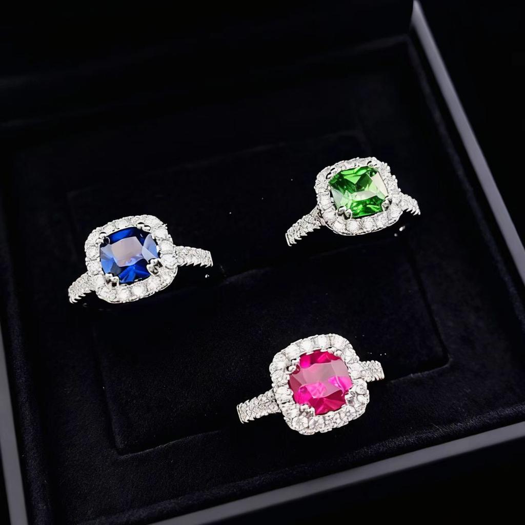 Deluxe Simulated Natural Emerald Ruby Square Bag Ring Women'S Light Luxury High-Texture High-Carbon Diamond Ring