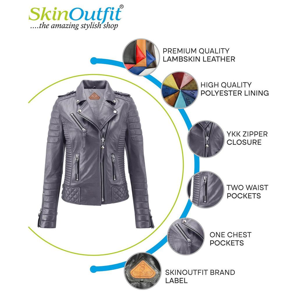 SKINOUTFIT Damska Skórzana Kurtka Motocyklowa Prawdziwa Szara Skóra Jagnięca Cafe Racer Biker Odzież Wierzchnia