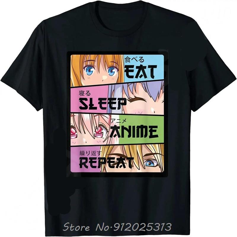 Fitness Tshirt Eat Sleep Anime Repeat Tshirt Anime Unisexga T Shirts Funny Summer Cotton Casual Tees Black Round Neck Tops