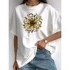 Damen-T-Shirt mit kurzen Ärmeln in europäischer Größe, mit Retro-Sonnenblumen-Design und Leopardenmuster. Sommerliches Bohemian-Oberteil, Freizeitkleidung mit Rundhalsausschnitt