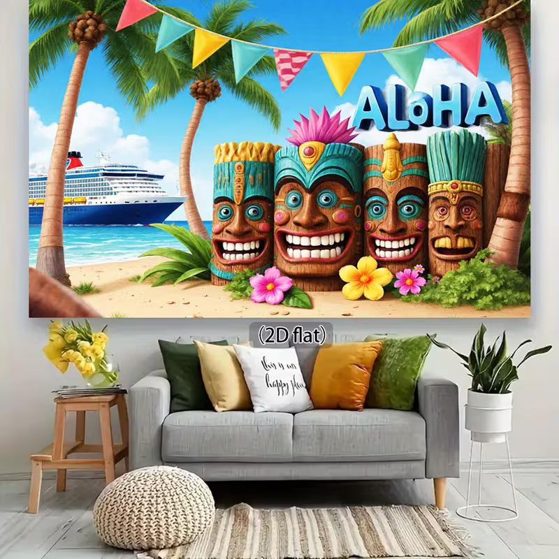2D Hawaiian Luau Background, Tropical Beach Scene with Tiki Gods and Cruise Themed Photoshoot Backdrop