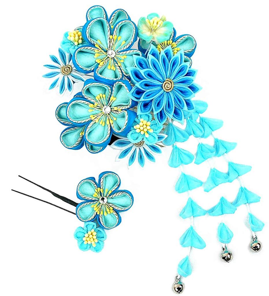 Hair Ornament Set Furisode Ceremony Tsumami Work Blue [Kyoto Usagido] 2-piece Coming-of-age Kk-009