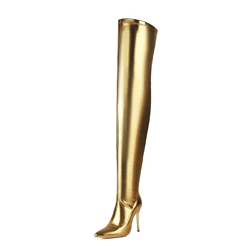 

Модные большие размеры Металлический цвет Микрофибра Материал Сверхвысокая длина голенища Заостренный носок Ультраметаллический тонкий каблук Сексуальные ботфорты выше колена 48 золотой