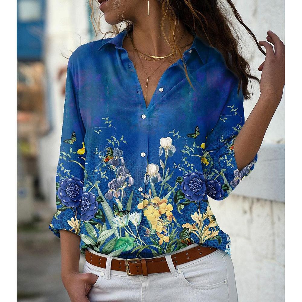 Autumn Women's Flower Print Shirt Fashion Button Top Slim Fit Comfortable Women's Button V-neck Casual Long Sleeve Shirt