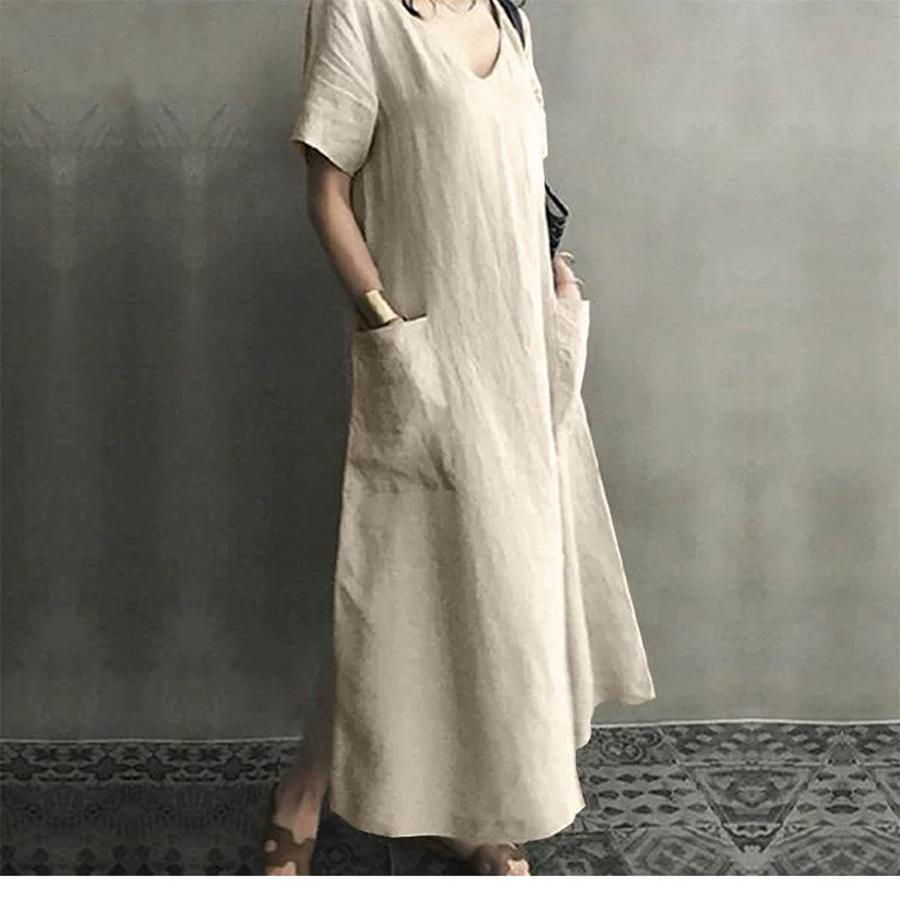 Creative Style Summer Bohemian Chinese Style Retro Women's Cotton Linen V-Neck Loose A-Line Dress