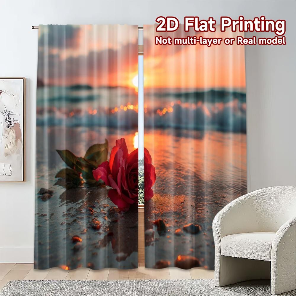2pcs, 2D FLAT PRINTING Curtains (Without Rod) BeachRoseSunset Modern Curtains Digital Printed Versatile Fabric Curtains