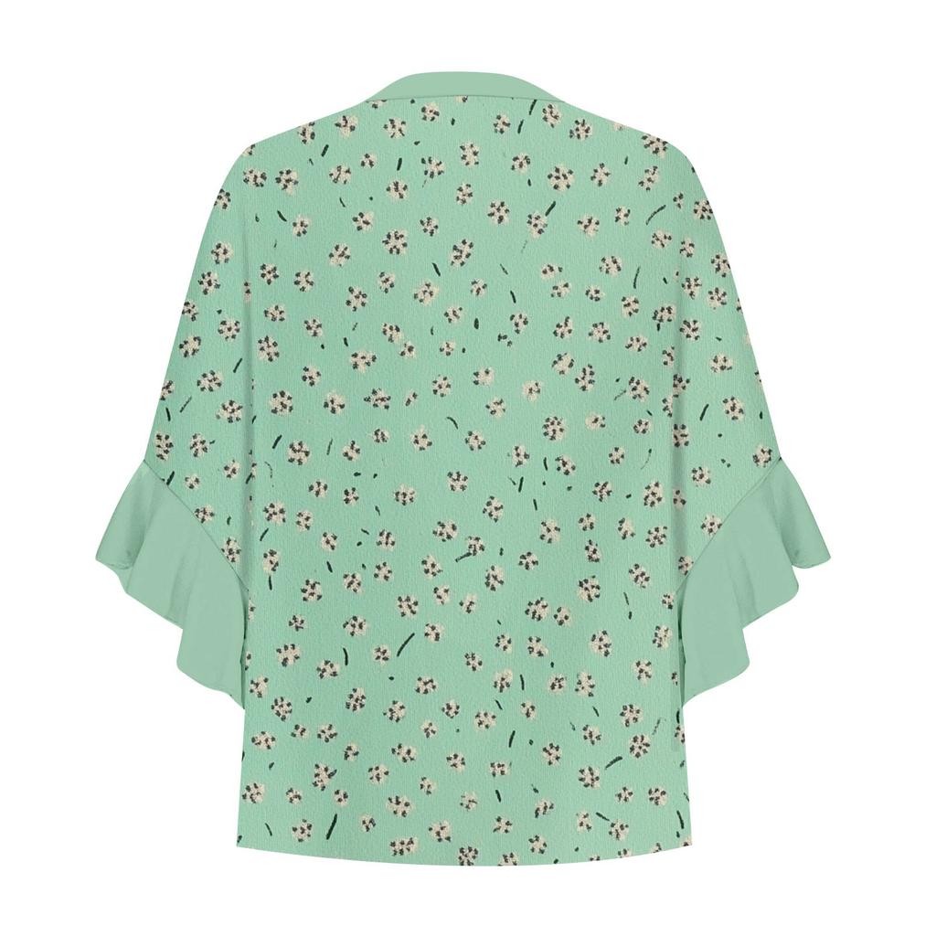 Women's Summer Tops V Neck Three-quarter Sleeves Floral Print Flowing Ruffle Sleeves Half-button Shirt