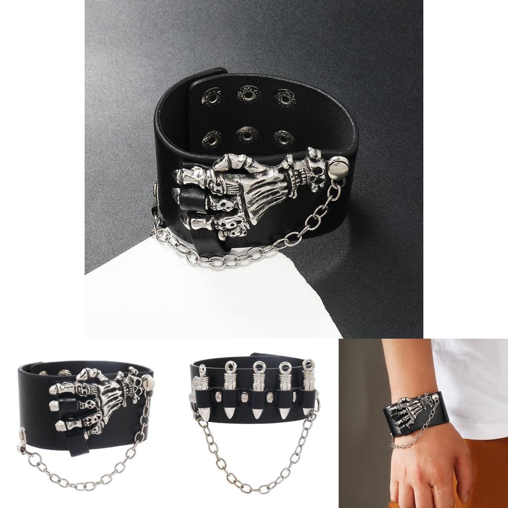 Gothic Skeleton And Bullet Design Neutral Chain Leather Handpiece For Halloween Accessories Summer