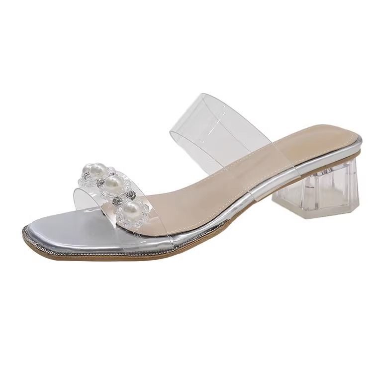 Transparent sandals women's high heels summer 2025 new women's shoes medium heel versatile thick heel outer wear rhinestone cool slippers