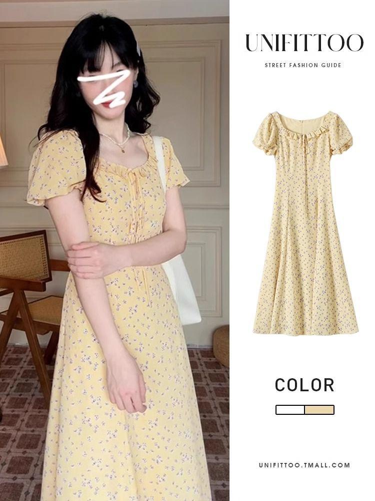 French Temperament Bubble Sleeve Yellow Floral Dress Children's Summer New Small Super Good-looking Long Dress