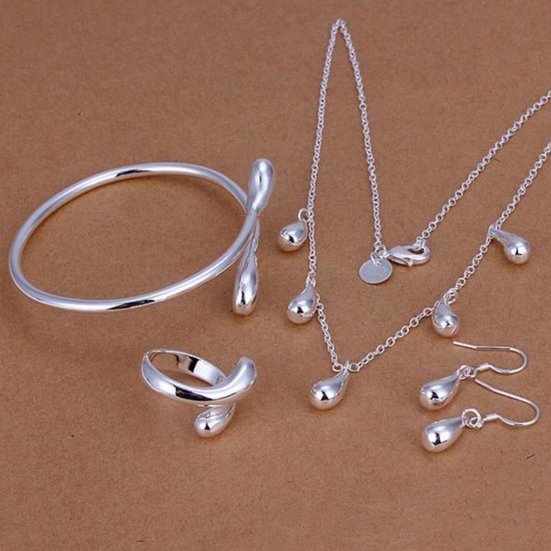 European & American Fashion Silver-Plated Jewelry Set: Exquisite Drop Bracelet, Necklace, Earrings, and Ring