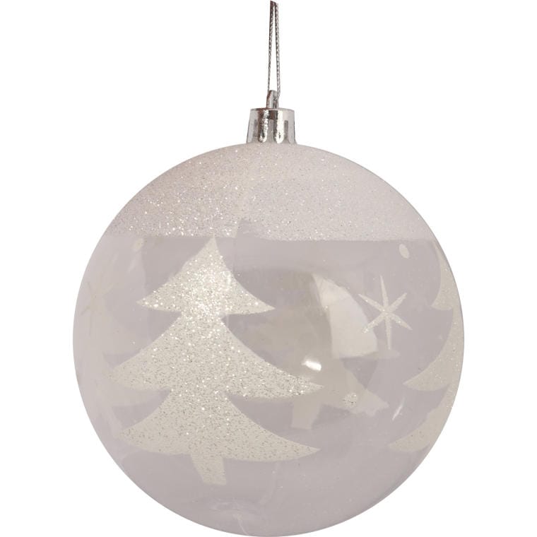 Set of 2 Transparent Baubles with White Decoration, 10cm