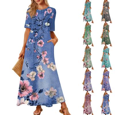 Dames Modieuze En Casual Lange Strandrok Ronde Hals Korte Mouwen Losse Retro Print Jurk