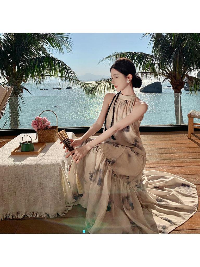 Apricot Women's Sleeveless Loose Summer Dress - New Chinese National Style