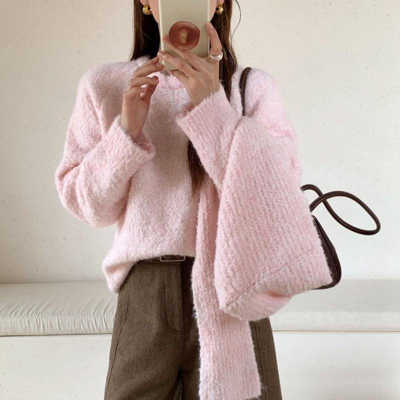 

Circle yarn versatile crew neck sweater autumn and winter solid color lazy loose soft waxy with scarf knitted sweater women average size рожевий