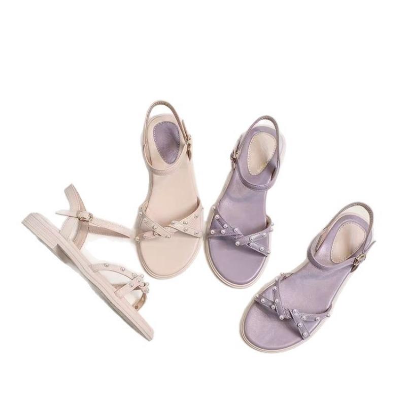 Pearl Sandals Sweet Girl Summer Non-slip Soft Sole Versatile with Skirt One-word Belt Sandals