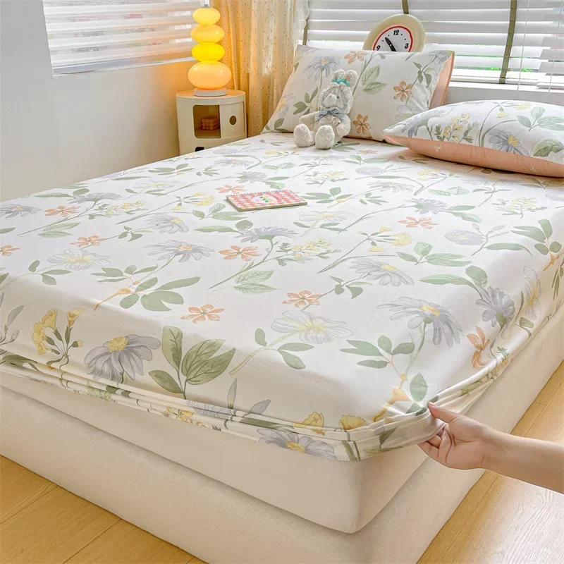 Kawaii Bear and Rabbits Printed Fitted Sheet Set Pure Cotton Cartoon Animals Mattress Cover for Kids Boys Girls Bedroom Decor