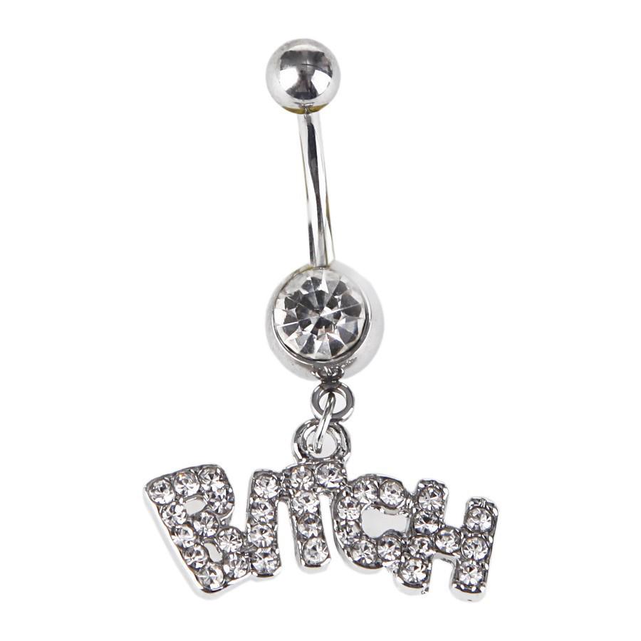 316L Stainless Steel Belly Button Ring with Pink Letter Pendant and Diamond-Set