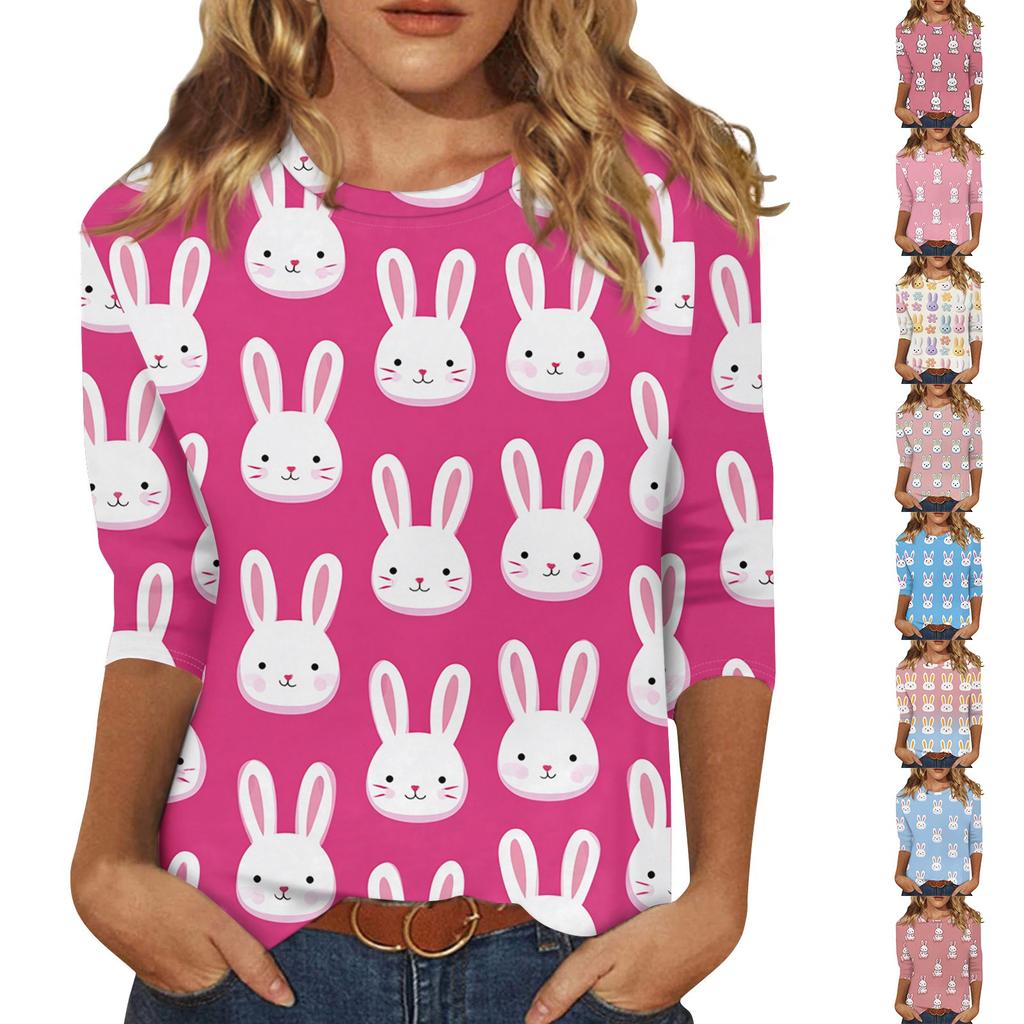 T-shirt Casual Alla Moda da Donna con Stampa di Coniglietti Pasquali e Uova, Scollo, Manica a Tre Quarti