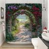 Shower Curtain: Enchanted Garden Path with Stone Archway and Blooming Roses for a Romantic and Scenic Bathroom Decor