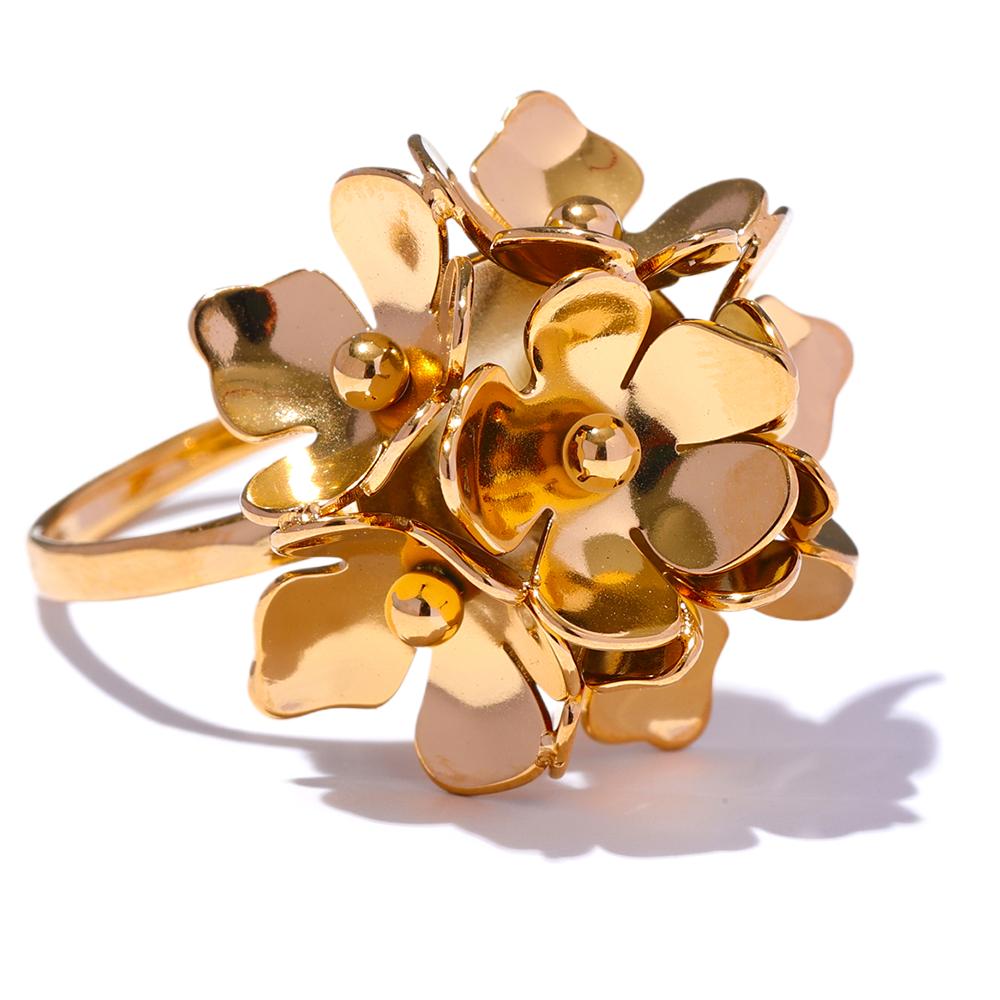 

Yhpup Fashion Stainless Steel Stereoscopic Flower Metal Chic Adjustable Ring Women Charm Golden Rust Proof Daily Jewelry Bijoux resizable