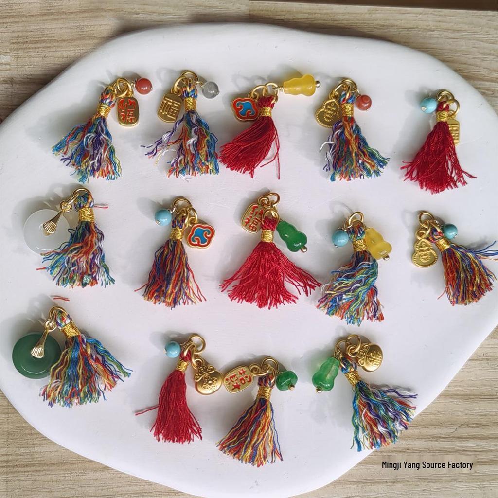 Jewelry Bracelet with Mini Wengwan Tassel, Hand-rubbed Cotton Thread, Handwoven with Small Drip Beads - DIY Necklace